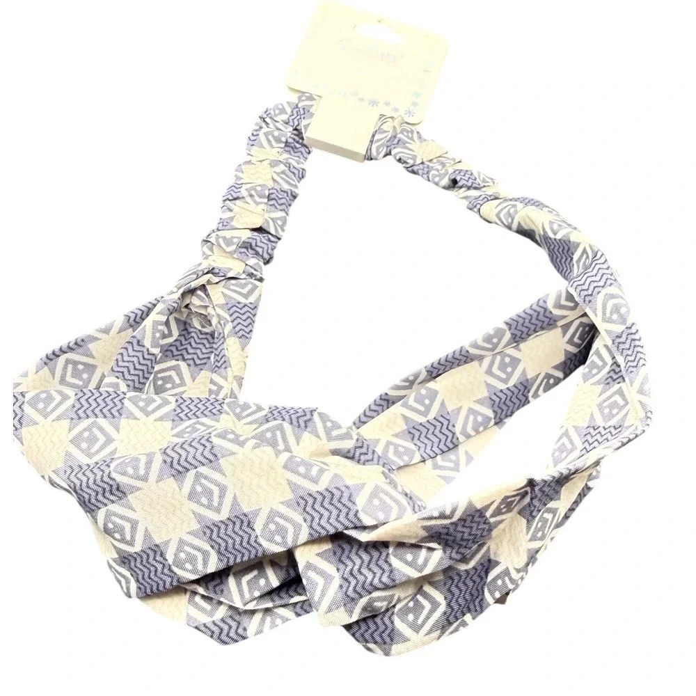 Blue White Geometric Print Twisted Knot Elastic Back Headband Accessory